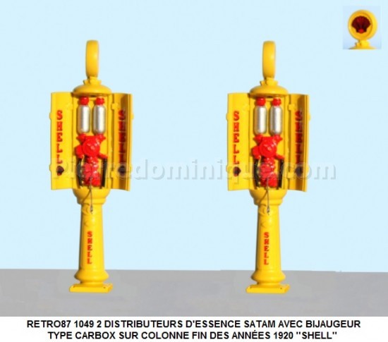2 DISTRIBUTEURS D'ESSENCE SATAM AVEC BIJAUGEUR TYPE CARBOX SUR COLONNE FIN DES ANNÉES 1920 ''SHELL''