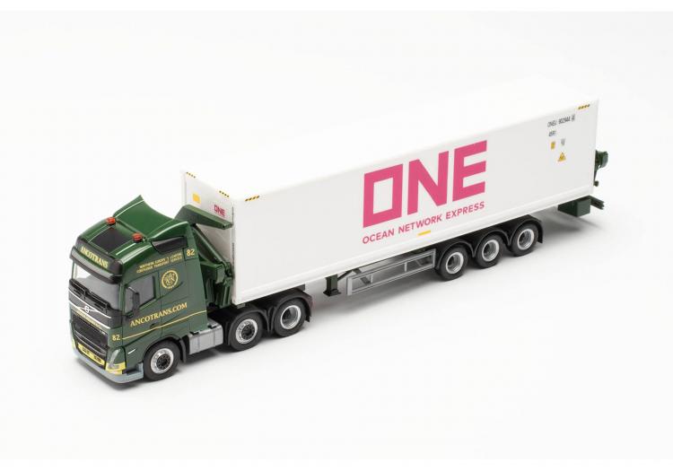 TRACTEUR VOLVO FH GL XL 2020 VERT FONCE 6X2 ANCOTRANS SEMI-REMORQUE CONTAINAIRE ( ONE ) BLANC AVEC CHARGEUSE LATERALE