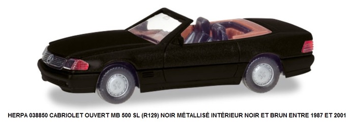CABRIOLET OUVERT MB 500 SL (R129) NOIR MÉTALLISÉ INTÉRIEUR NOIR ET BRUN ENTRE 1987 ET 2001