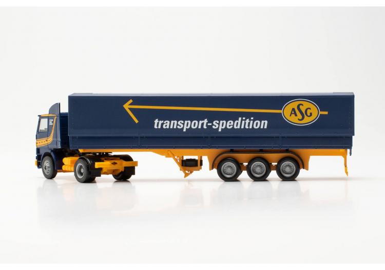 SEMI-REMORQUE SCANIA 142 REMORQUE BACHE ASG TRANSPORT SPEDITION BLEU ET JAUNE