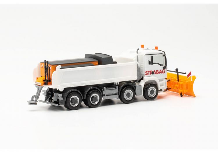 MAN TGS M 4 ESSIEUX PORTEUR BENNE MEILLER BLANC STRABAG AVEC CHASSE NEIGE ET SALEUSE