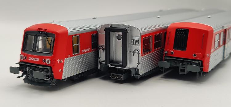 SET RAME REVERSIBLE REGIONALE BDX + ABZ + AB, ROUGE / INOX, LOGO NOUILLE, LOGO TER, 3 ÉLÉMENTS, TER RÉGION HAUTE NORMANDIE, 4 PHARES, RAME N°114 SNCF
