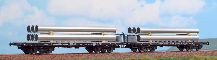 SET DE 2 WAGONS FS POZ TYPE 1920 DE LA SOCIÉTÉ DALMINE SPA CHARGÉS AVEC DES TUBES EN ACIER