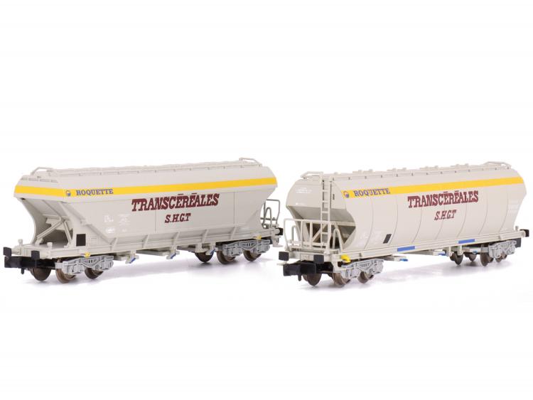 SET DE 2 WAGONS CEREALIERS A 4 ESSIEUX A PAROIS RONDES ET PLANES ROQUETTE TRANSCEREALES SHGT SNCF