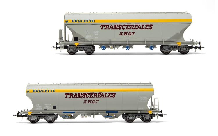 SET DE 2 WAGONS CEREALIERS A 4 ESSIEUX A PAROIS RONDES ET PLANES ROQUETTE TRANSCEREALES SHGT SNCF