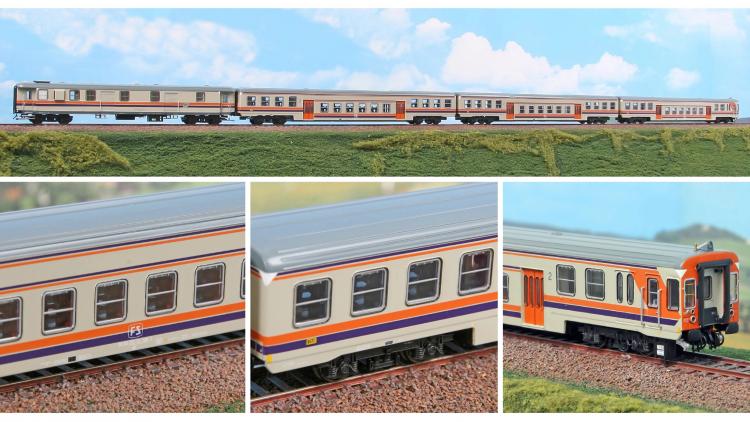 ENSEMBLE FS DE 4 VOITURES TRENO VICINALE TYPE 1973 À PLANCHER BAS, LIVRÉES MDVC FS