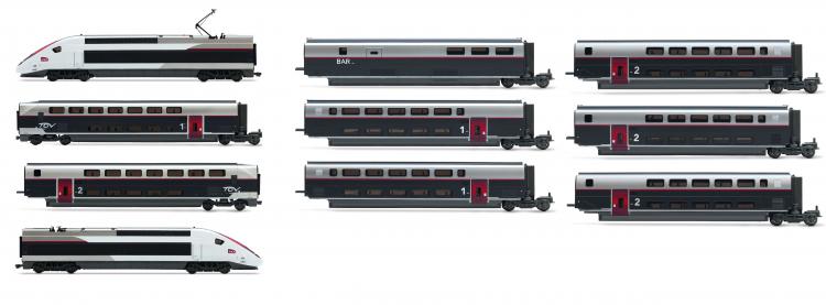 SET DE 4 ELEMENTS TGV DUPLEX CARMILLON + 6 VOITURES INTERMEDIAIRES SNCF