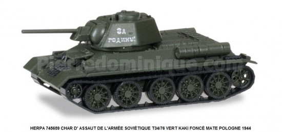 CHAR D' ASSAUT DE L'ARMÉE SOVIÉTIQUE T34/76 VERT KAKI FONCÉ MATE POLOGNE 1944