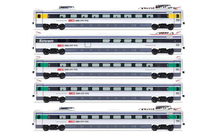 ENSEMBLE DE 5 VOITURES INTERMÉDIAIRES SBB, ETR 470 LIVRÉE ARGENT AVEC BANDE BLEUE