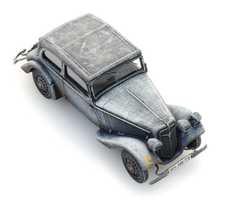 LIMOUSINE CABRIOLET OUVERT ADLER TRUMPF JUNIOR GRIS ARMEE CAMOUFLAGE HIVER