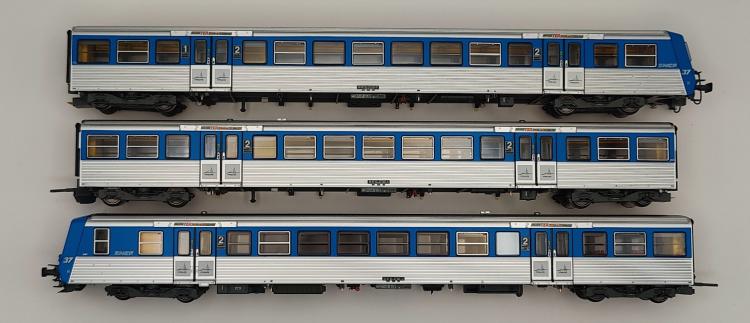 SET RAME REVERSIBLES REGIONALES BDX + BZ + AB, BLEU / INOX, LOGO NOUILLE, 3 ÉLÉMENTS, TER RÉGION RHONE-ALPES, 4 PHARES N°37 SNCF