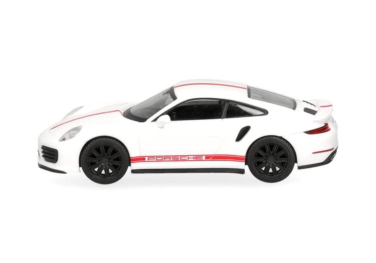 COUPÉ PORSCHE 911 TURBO BLANCHE INTÉRIEUR NOIRE SIGLE PORSCHE ROUGE SUR LE BAS DE CAISSE