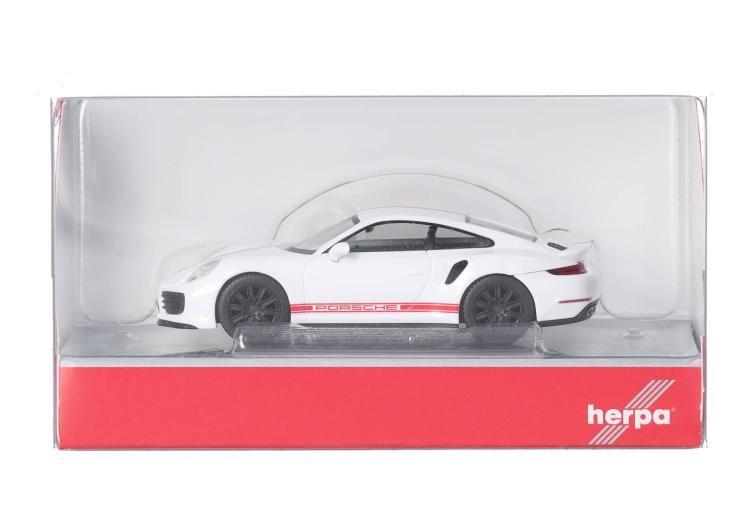 COUPÉ PORSCHE 911 TURBO BLANCHE INTÉRIEUR NOIRE SIGLE PORSCHE ROUGE SUR LE BAS DE CAISSE